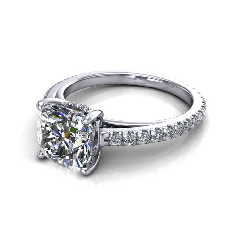 Jacqueline cushion-cut classic engagement ring in 14K White Gold, three-quarter perspective showing the cushion-cut center diamond, double-claw prongs, and French pavé band