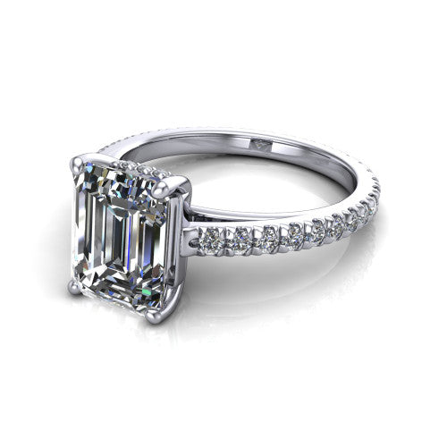 Jacqueline emerald-cut classic engagement ring in 14K White Gold, three-quarter perspective showing the emerald-cut center diamond, double-claw prongs, and French pavé band