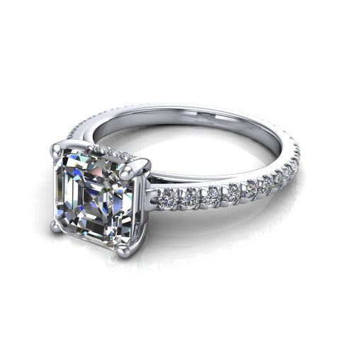Jacqueline square emerald-cut classic engagement ring in Platinum, three-quarter perspective showing the square emerald-cut center diamond, double-claw prongs, and French pavé band