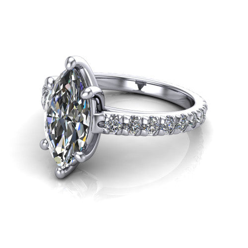 Jacqueline marquise-cut classic engagement ring in Platinum, three-quarter perspective showing the marquise-cut center diamond, double-claw prongs, and French pavé band