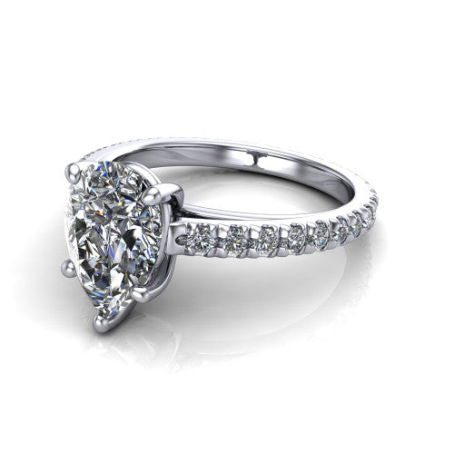Jacqueline pear-shaped classic engagement ring in 18K White Gold, three-quarter perspective showing the pear-shaped center diamond, double-claw prongs, and French pavé band