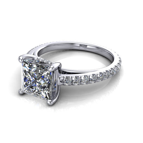 Jacqueline princess-cut classic engagement ring in 14K White Gold, three-quarter perspective showing the princess-cut center diamond, double-claw prongs, and French pavé band