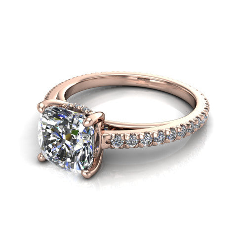 Jacqueline cushion-cut classic engagement ring in 14K Rose Gold, three-quarter perspective showing the cushion-cut center diamond, double-claw prongs, and French pavé band