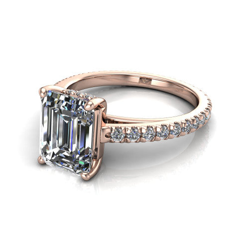 Jacqueline emerald-cut classic engagement ring in 14K Rose Gold, three-quarter perspective showing the emerald-cut center diamond, double-claw prongs, and French pavé band