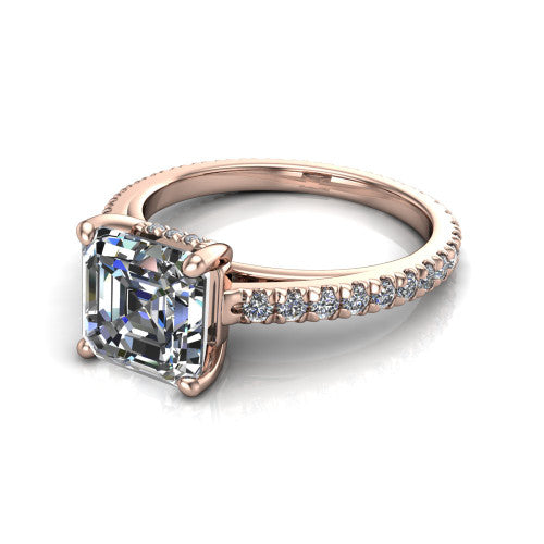 Jacqueline square emerald-cut classic engagement ring in 14K Rose Gold, three-quarter perspective showing the square emerald-cut center diamond, double-claw prongs, and French pavé band