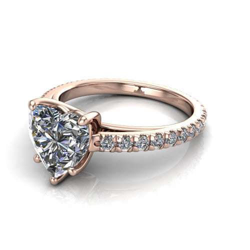 Jacqueline heart-shaped classic engagement ring in 18K Rose Gold, three-quarter perspective showing the heart-shaped center diamond, double-claw prongs, and French pavé band