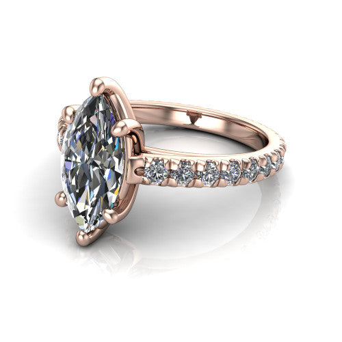 Jacqueline marquise-cut classic engagement ring in 14K Rose Gold, three-quarter perspective showing the marquise-cut center diamond, double-claw prongs, and French pavé band