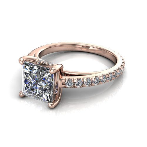 Jacqueline princess-cut classic engagement ring in 14K Rose Gold, three-quarter perspective showing the princess-cut center diamond, double-claw prongs, and French pavé band