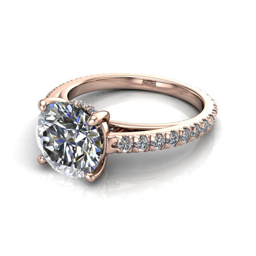 Jacqueline round classic engagement ring in 14K Rose Gold, three-quarter perspective showing the round center diamond, double-claw prongs, and French pavé band
