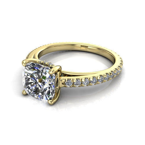 Jacqueline cushion-cut classic engagement ring in 18K Yellow Gold, three-quarter perspective showing the cushion-cut center diamond, double-claw prongs, and French pavé band