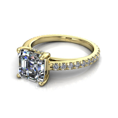 Jacqueline square emerald-cut classic engagement ring in 14K Yellow Gold, three-quarter perspective showing the square emerald-cut center diamond, double-claw prongs, and French pavé band