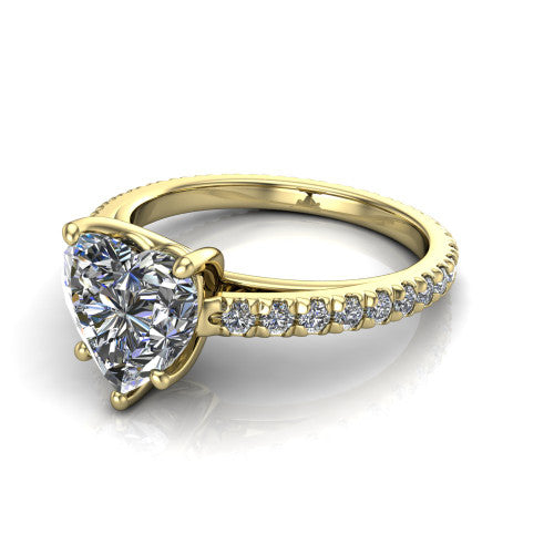 Jacqueline heart-shaped classic engagement ring in 18K Yellow Gold, three-quarter perspective showing the heart-shaped center diamond, double-claw prongs, and French pavé band