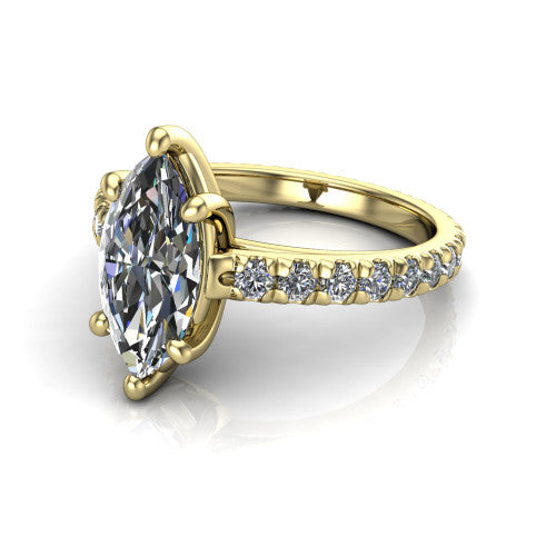 Jacqueline marquise-cut classic engagement ring in 14K Yellow Gold, three-quarter perspective showing the marquise-cut center diamond, double-claw prongs, and French pavé band