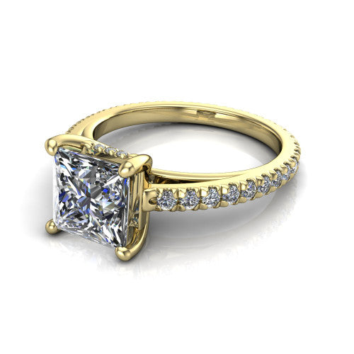 Jacqueline princess-cut classic engagement ring in 14K Yellow Gold, three-quarter perspective showing the princess-cut center diamond, double-claw prongs, and French pavé band