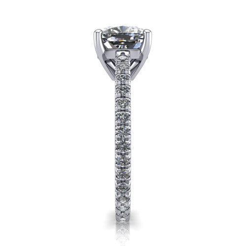 Jacqueline cushion-cut classic engagement ring in 18K White Gold, side profile showing the hidden halo and French pavé band
