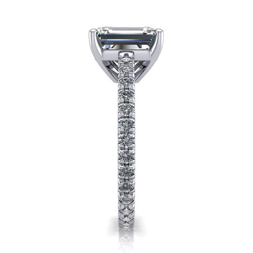 Jacqueline emerald-cut classic engagement ring in Platinum, side profile showing the hidden halo and French pavé band