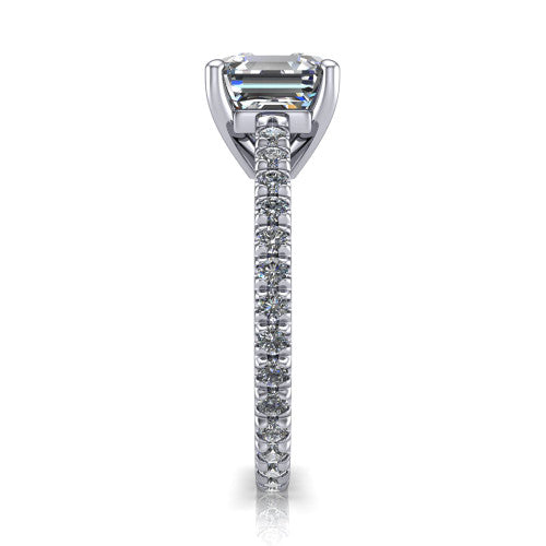 Jacqueline square emerald-cut classic engagement ring in 14K White Gold, side profile showing the hidden halo and French pavé band