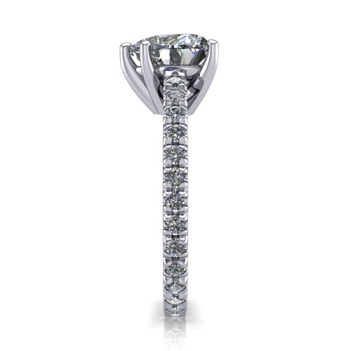 Jacqueline heart-shaped classic engagement ring in Platinum, side profile showing the hidden halo and French pavé band