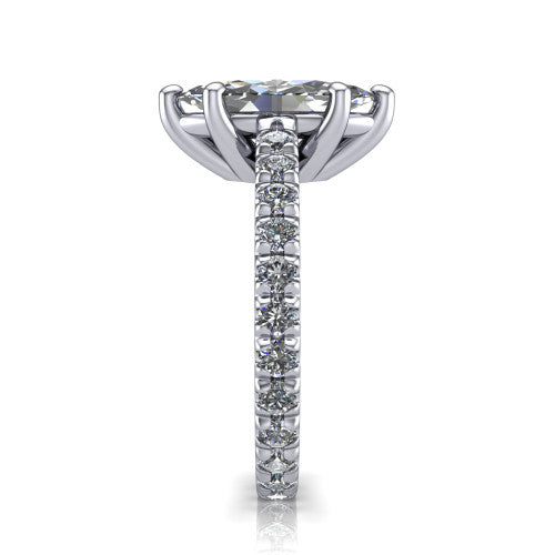 Jacqueline marquise-cut classic engagement ring in 18K White Gold, side profile showing the hidden halo and French pavé band