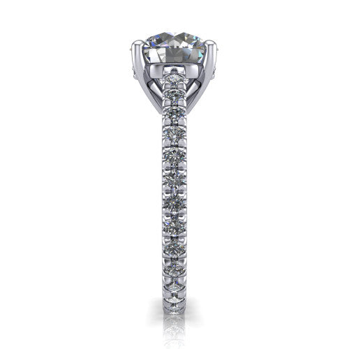 Jacqueline round classic engagement ring in 14K White Gold, side profile showing the hidden halo and French pavé band