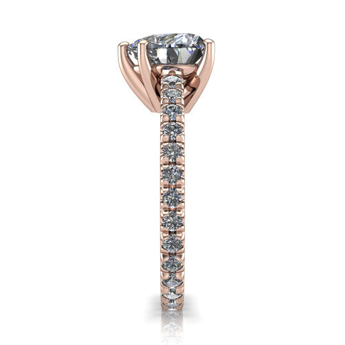 Jacqueline heart-shaped classic engagement ring in 14K Rose Gold, side profile showing the hidden halo and French pavé band