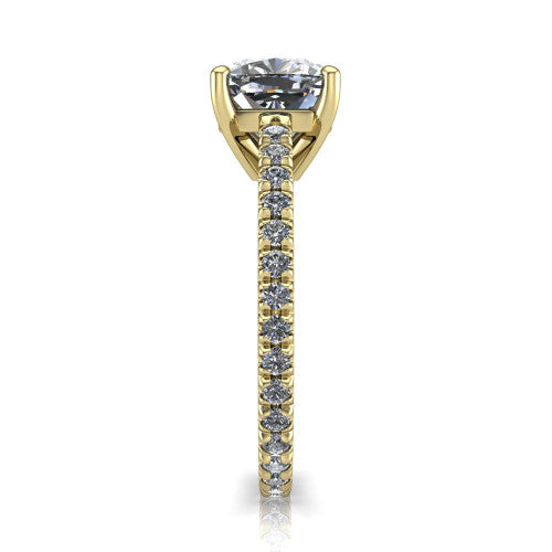 Jacqueline cushion-cut classic engagement ring in 18K Yellow Gold, side profile showing the hidden halo and French pavé band