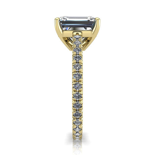 Jacqueline emerald-cut classic engagement ring in 14K Yellow Gold, side profile showing the hidden halo and French pavé band