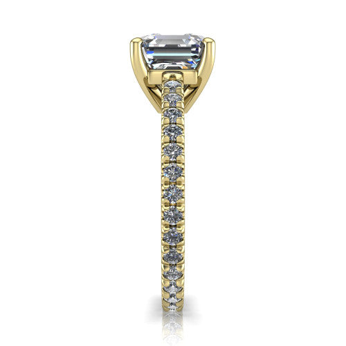 Jacqueline square emerald-cut classic engagement ring in 18K Yellow Gold, side profile showing the hidden halo and French pavé band