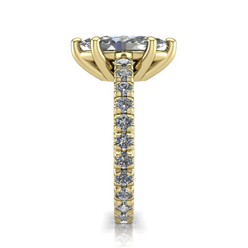 Jacqueline marquise-cut classic engagement ring in 14K Yellow Gold, side profile showing the hidden halo and French pavé band
