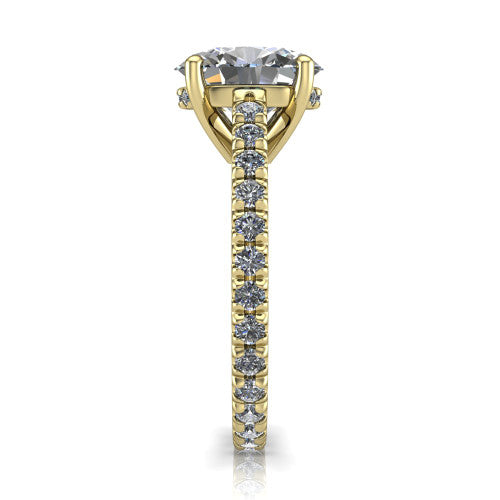 Jacqueline oval classic engagement ring in 14K Yellow Gold, side profile showing the hidden halo and French pavé band