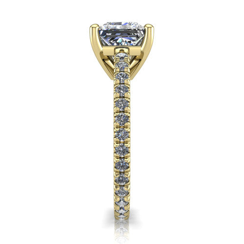 Jacqueline princess-cut classic engagement ring in 18K Yellow Gold, side profile showing the hidden halo and French pavé band