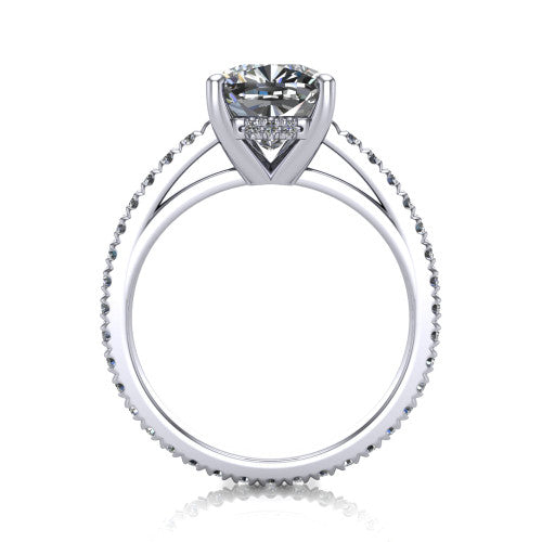 Jacqueline cushion-cut classic engagement ring in Platinum, through-finger front profile showing the hidden halo beneath the head