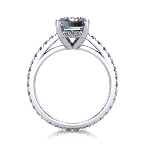 Jacqueline emerald-cut classic engagement ring in 18K White Gold, through-finger front profile showing the hidden halo beneath the head