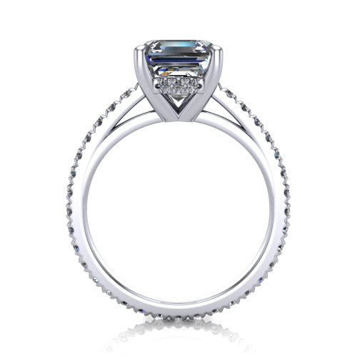 Jacqueline square emerald-cut classic engagement ring in Platinum, through-finger front profile showing the hidden halo beneath the head