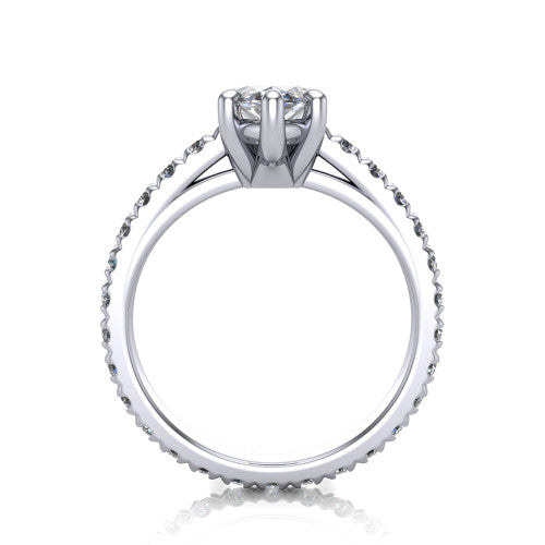 Jacqueline marquise-cut classic engagement ring in Platinum, through-finger front profile showing the hidden halo beneath the head