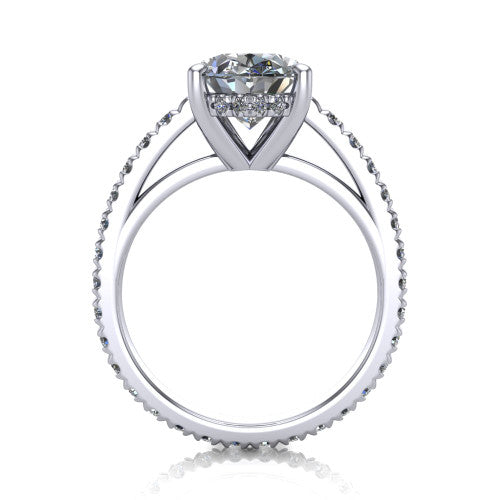 Jacqueline oval classic engagement ring in Platinum, through-finger front profile showing the hidden halo beneath the head