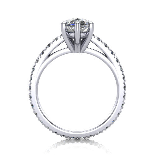 Jacqueline pear-shaped classic engagement ring in 18K White Gold, through-finger front profile showing the hidden halo beneath the head