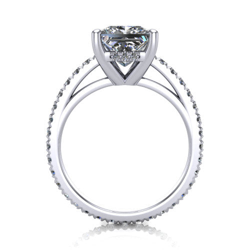 Jacqueline princess-cut classic engagement ring in 14K White Gold, through-finger front profile showing the hidden halo beneath the head