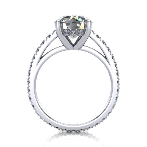 Jacqueline round classic engagement ring in Platinum, through-finger front profile showing the hidden halo beneath the head