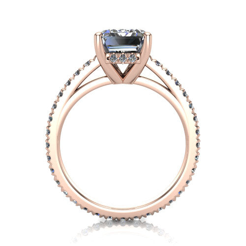 Jacqueline emerald-cut classic engagement ring in 14K Rose Gold, through-finger front profile showing the hidden halo beneath the head