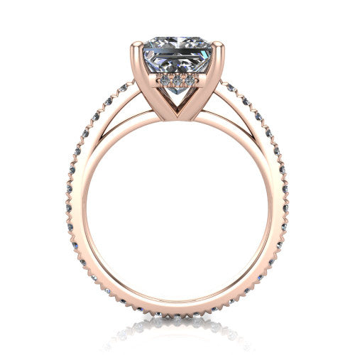 Jacqueline princess-cut classic engagement ring in 14K Rose Gold, through-finger front profile showing the hidden halo beneath the head