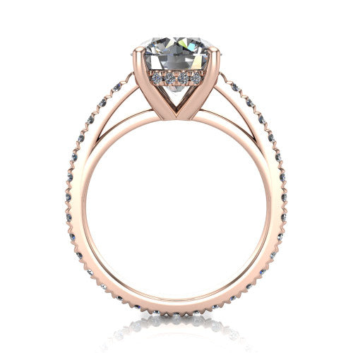 Jacqueline round classic engagement ring in 18K Rose Gold, through-finger front profile showing the hidden halo beneath the head