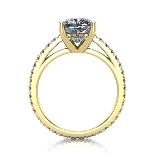 Jacqueline cushion-cut classic engagement ring in 18K Yellow Gold, through-finger front profile showing the hidden halo beneath the head