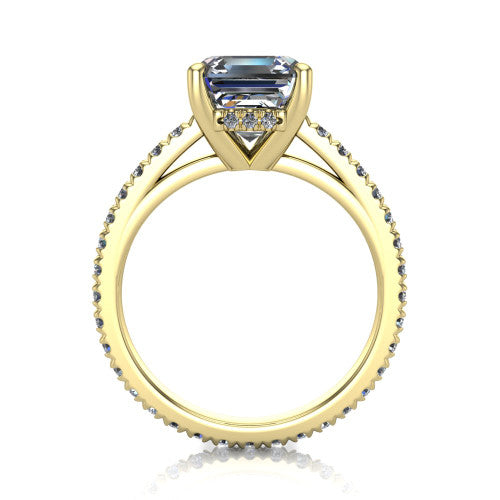 Jacqueline square emerald-cut classic engagement ring in 18K Yellow Gold, through-finger front profile showing the hidden halo beneath the head