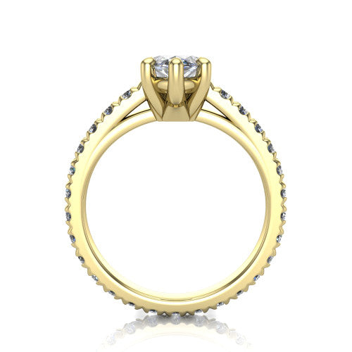 Jacqueline marquise-cut classic engagement ring in 18K Yellow Gold, through-finger front profile showing the hidden halo beneath the head