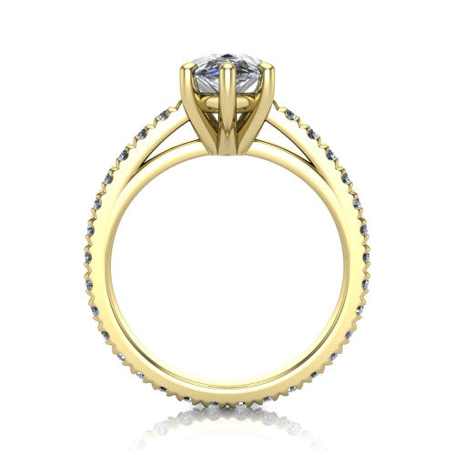 Jacqueline pear-shaped classic engagement ring in 18K Yellow Gold, through-finger front profile showing the hidden halo beneath the head