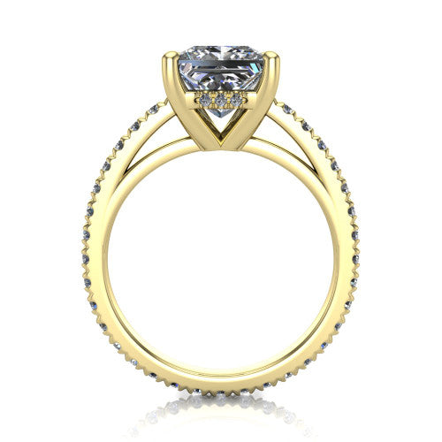 Jacqueline princess-cut classic engagement ring in 18K Yellow Gold, through-finger front profile showing the hidden halo beneath the head