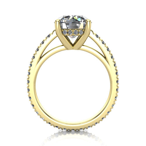 Jacqueline round classic engagement ring in 14K Yellow Gold, through-finger front profile showing the hidden halo beneath the head