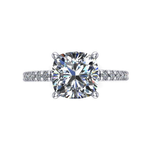 Jacqueline cushion-cut classic engagement ring in 18K White Gold, top-down view showing the cushion-cut center diamond and the micro-pavé band