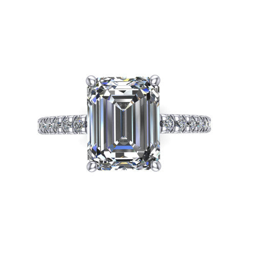 Jacqueline emerald-cut classic engagement ring in 14K White Gold, top-down view showing the emerald-cut center diamond and the micro-pavé band